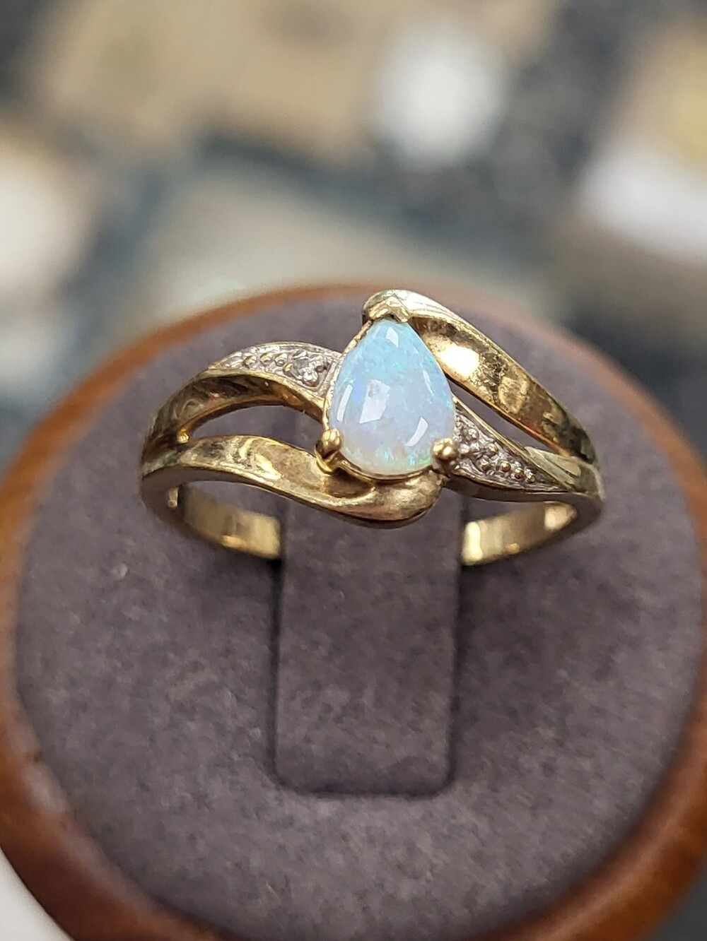 10K Gold Diamond And Opal Bypass Ring Size 6.75